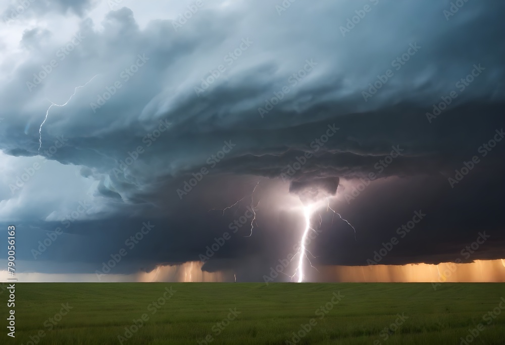 A powerful tornado with a lightning bolt striking in a stormy, cloudy sky over a grassy field
