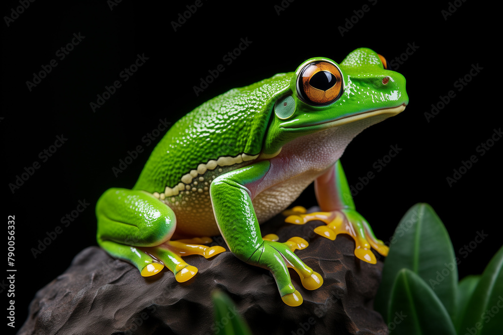Green tree frog with big eyes sitting on rock, black background. Green tree frog with big eyes sitting on rock, black background.
