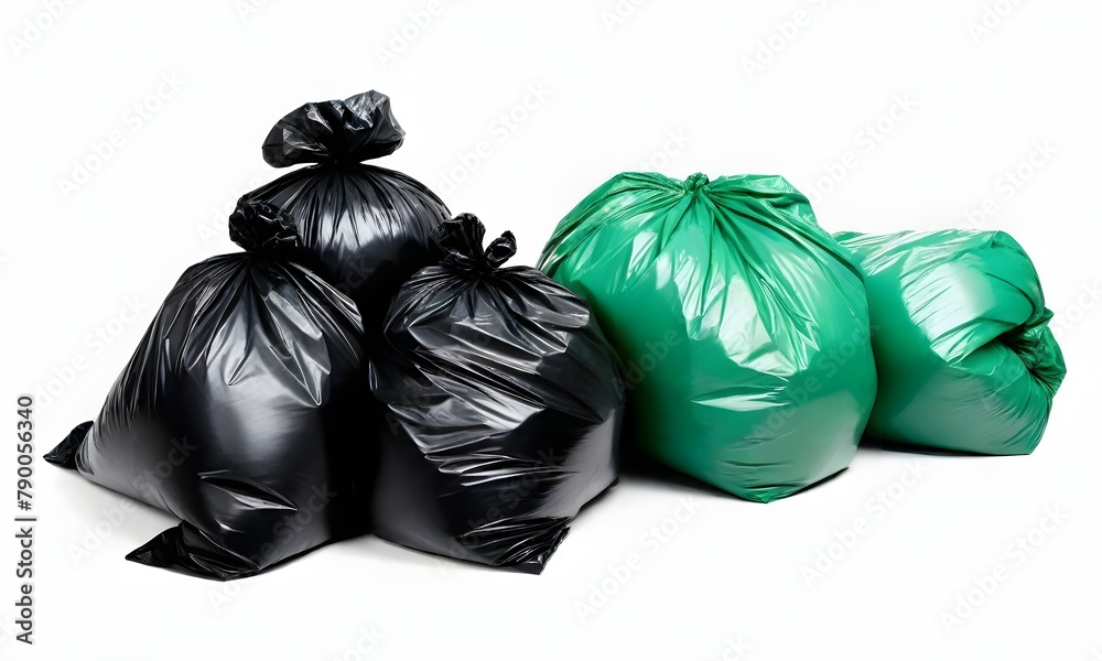 Piles of black and green garbage bags, likely containing waste