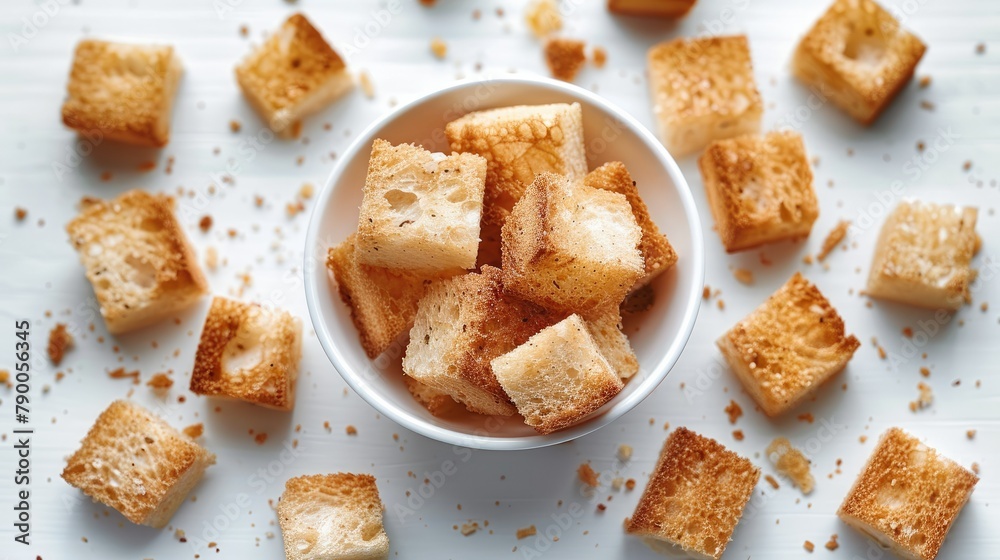 Crunchy croutons, Tasty croutons with cream cheese on white background. top view Crunchy croutons, Tasty croutons with cream cheese on white background. top view