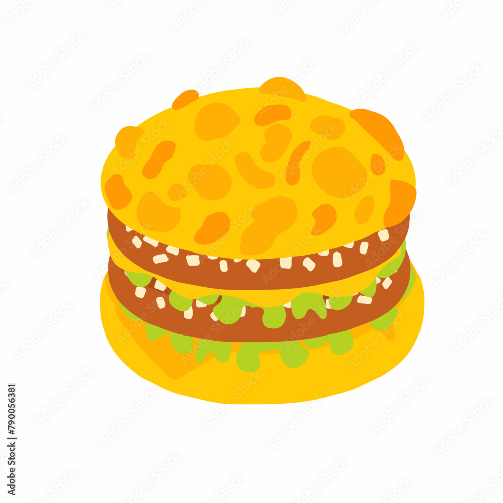 Big burger with cheese bun, double pork cutlets and double cheese, cut onion and fresh sliced lettuce leaf. icon in cartoon flat style. Vector icon isolated on white background. For menu, restaurant.