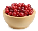 A wooden bowl filled with fresh, ripe red cranberries