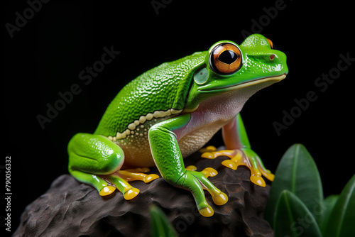 Green tree frog with big eyes sitting on rock, black background.