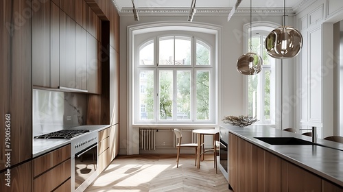 Classic kitchen with modern wooden details and big window white minimalistic interior design