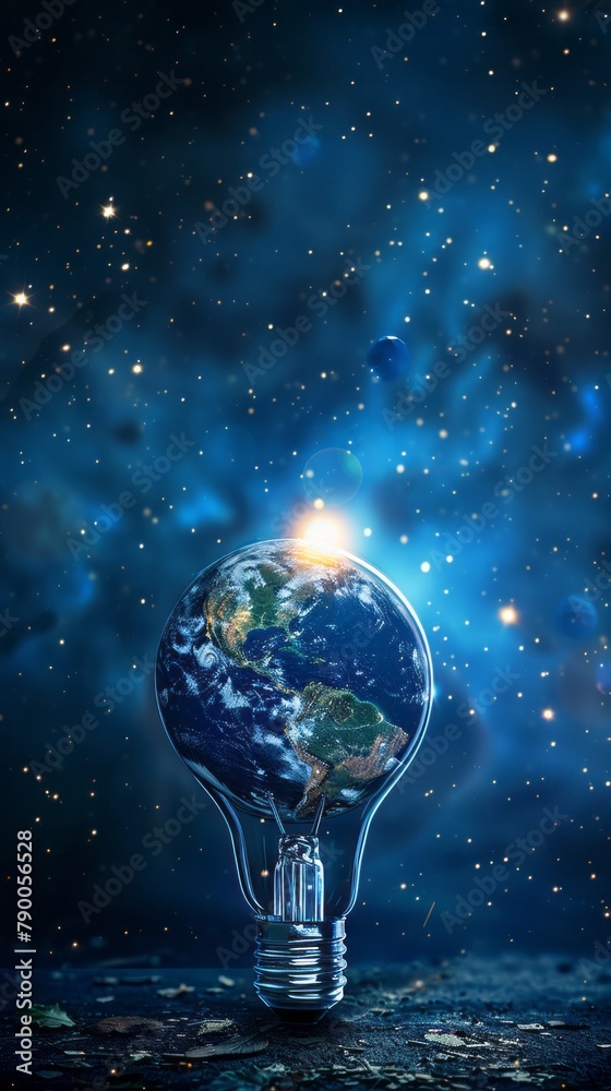 Earth hour, ecology and environment concept. Blue planet Earth in space in a glowing light bulb on represents Earth Day. copy space Earth hour, ecology and environment concept. Blue planet Earth in space in a glowing light bulb on represents Earth Day. copy space