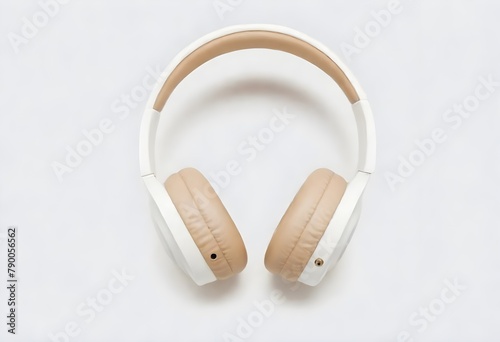 A pair of white and beige wireless headphones on a plain white background