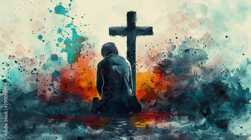 Solace in Devotion: A digital watercolor portrait of a man kneeling humbly, hands clasped in prayer, before the luminous cross, radiating faith and reverence. photo