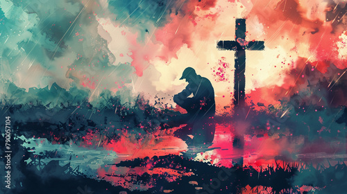 Solace in Devotion: A digital watercolor portrait of a man kneeling humbly, hands clasped in prayer, before the luminous cross, radiating faith and reverence. photo