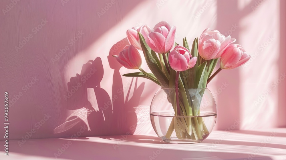 Tulips of pink hue in a clear vase