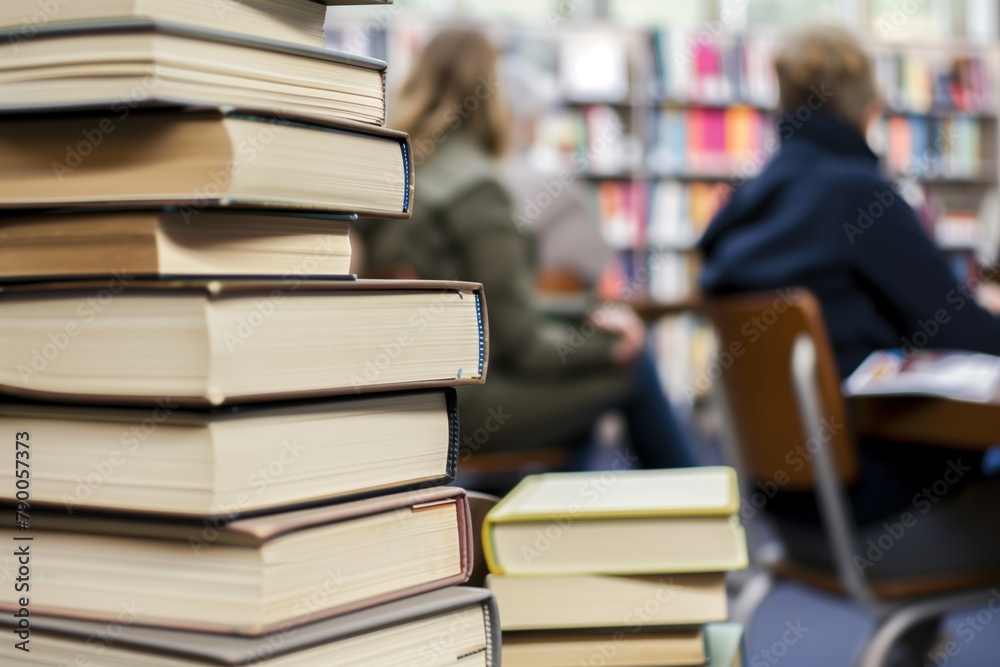 Towering Book Stacks in Library with Students Towering Book Stacks in Library with Students