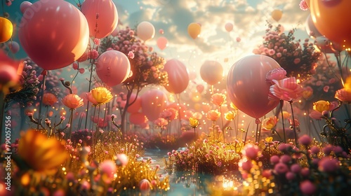 A whimsical realm where balloons flourish like blossoms in a garden, their vibrant hues casting a spellbinding aura over the scenery, all portrayed in breathtaking. Generative AI.