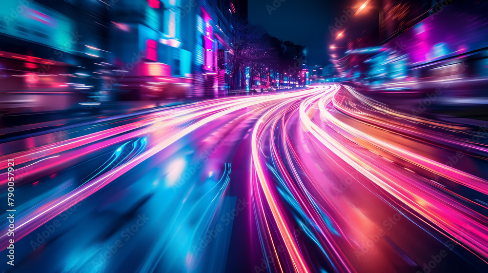 Vibrant Long Exposure of City Traffic at Night with Streaks of Multicolored Lights and Urban Architecture