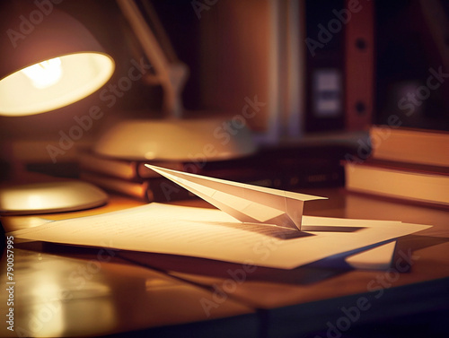 Conceptual style, paper airplane, office desk, close-up composition, indoor lighting