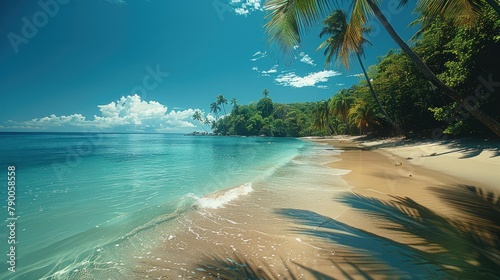 Tropical rainforest beach, clear blue water, coconut palms, sandy shore. Generative AI. © visoot
