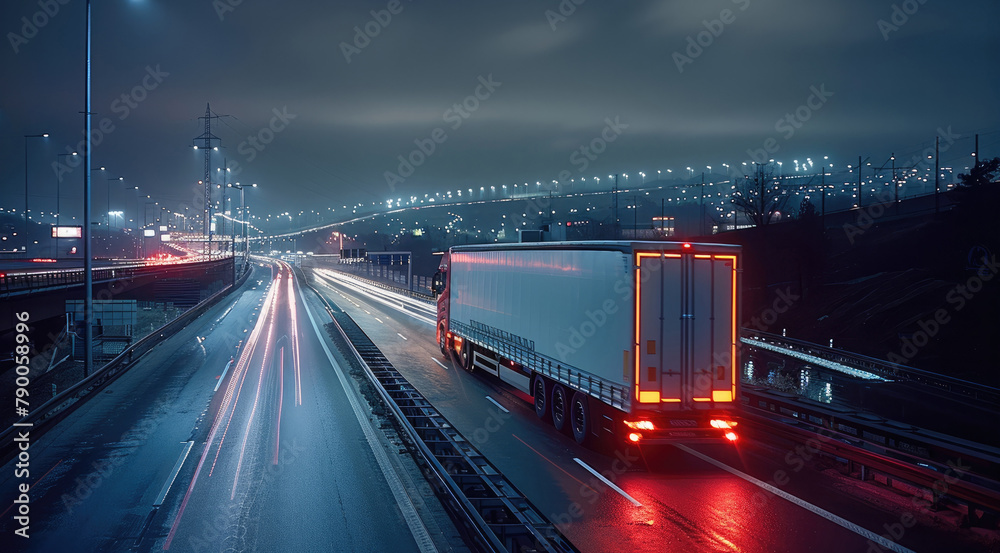 Truck on highway at night, view from angle back. Generative AI.
