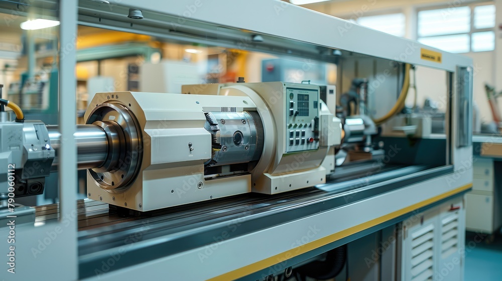 A futuristic lathe CNC machine with full enclosed cover and window in a salad color in a material testing laboratory of metals. Generative AI. A futuristic lathe CNC machine with full enclosed cover and window in a salad color in a material testing laboratory of metals. Generative AI.
