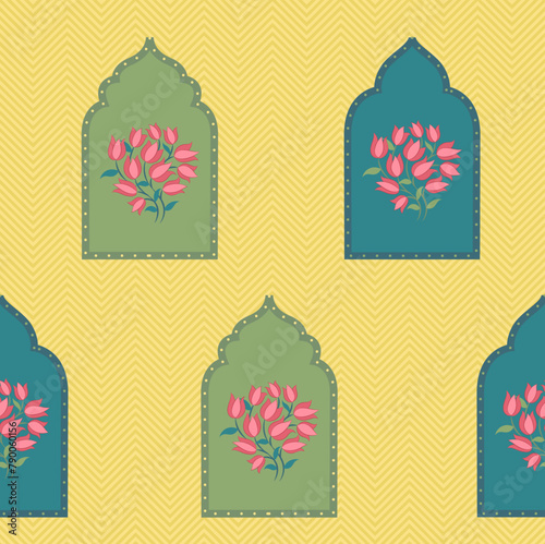 Arabic floral arch. Traditional islamic ornament. Mosque decoration design element. Design template for greeting card, banner, poster, print. Vector illustration