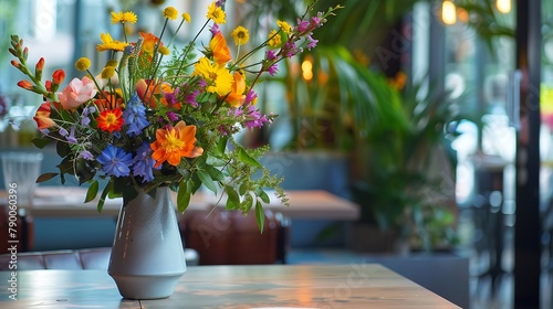 Restaurant decoration flowersin vase on table full view
