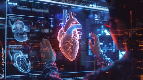 Futuristic medicine: Business professional examines heart disease treatment options through a holographic interface