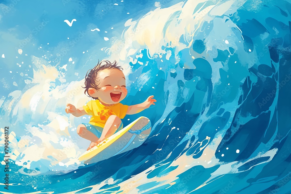 Happy baby Boy surfer cool summer. Boy ride surfboard on big wave. funny child illustration. Tropical sea surf sport kids anime style - obrazy, fototapety, plakaty 
