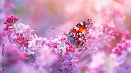 Vanessa cardui butterfly pollinating lilac flowers photo