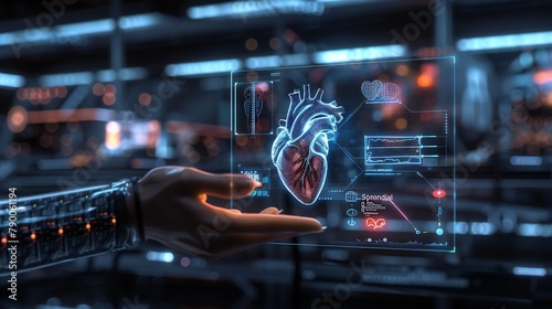 Harnessing AI for heart health: Business figure engages with a holographic representation of the human heart