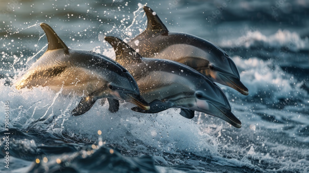 Trio of dolphins gracefully leaping through ocean waves at golden hour. Created with Generative AI.
