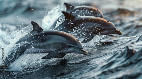 A pod of dolphins leaps gracefully above the ocean's surface, creating a dynamic splash. Created with Generative AI.