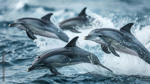 A pod of dolphins leaps gracefully from ocean waves. Created with Generative AI. photo