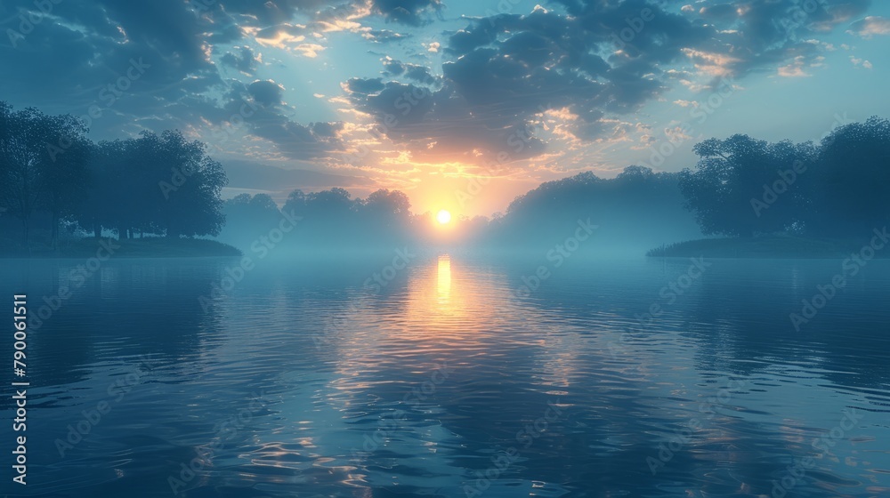 Serene sunrise over a misty lake flanked by trees under a cloudy sky. Created with Generative AI.