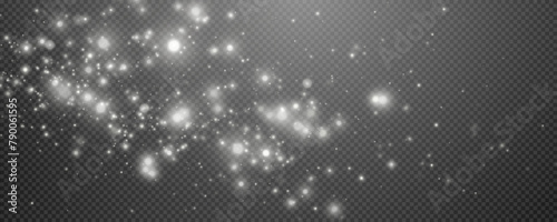 Christmas glowing bokeh confetti light and glitter texture overlay for your design. Festive sparkling white dust png. Holiday powder dust for cards, invitations, banners, advertising.