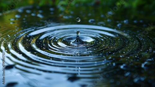 Water droplet captured mid-air above a serene pond with concentric ripples. Created with Generative AI. © RealizeXL