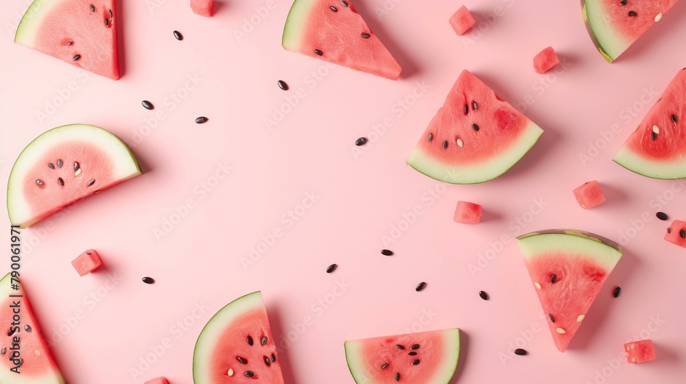 Vibrant Arrangement of Fresh Watermelon Slices on a Soft Pink Background