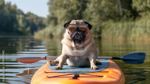 A Dapper Pug in Sunglasses Enjoying a Sunny Day on an Orange Kayak in a Peaceful River