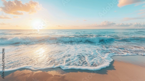 Serene beachscape at sunrise with gentle waves and a clear sky. Created with Generative AI.