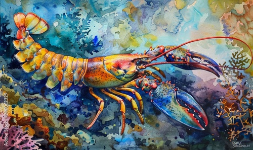 Watercolor painting of an imaginary lobster living underwater in the sea. Use for wallpaper, posters, postcards, brochures.