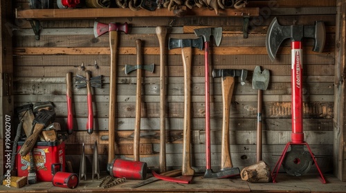 A collection of axes and wooden-handled tools neatly arranged in a rustic wooden shed. Created with Generative AI.