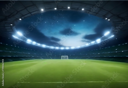 A soccer stadium with a large green field and a night sky with bright stadium lights illuminating the scene