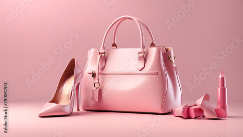 A pink purse, a pink shoe, and some pink makeup.