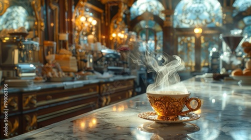Elegant steaming coffee cup on marbled cafe counter in a luxurious vintage setting  highlighted by warm lighting. Created with Generative AI.