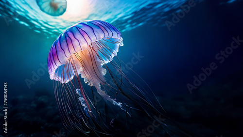Vibrant jellyfish glows underwater, its tentacles flowing gracefully. Sunlight pierces the water, illuminating the scene photo