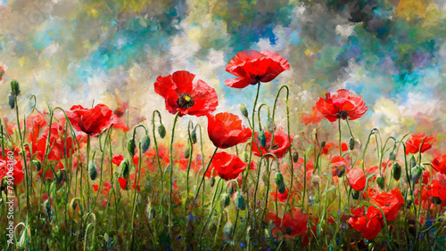 Colorful impressionist painting of a field of red poppies under a dynamic sky