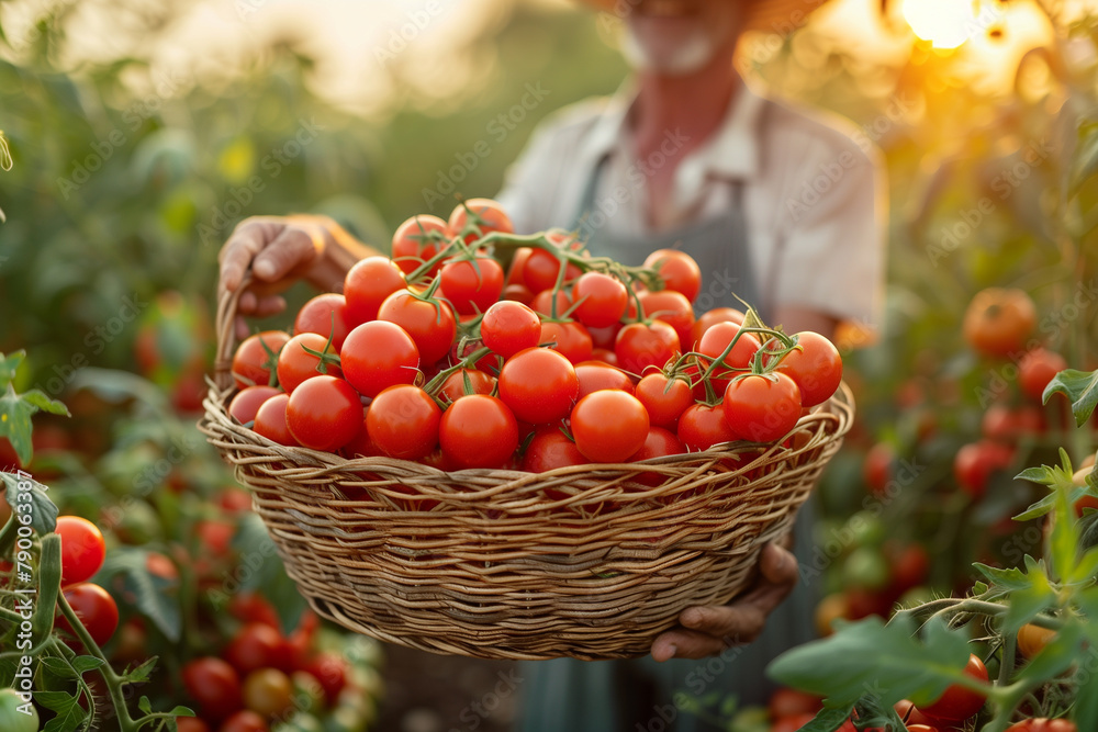 A person stands in a field holding a basket filled with ripe tomatoes A person stands in a field holding a basket filled with ripe tomatoes