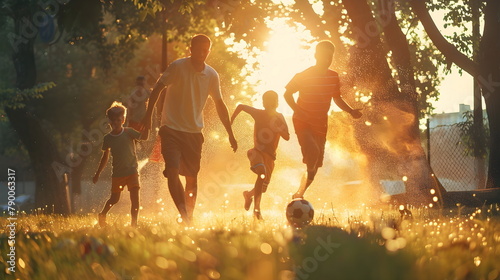 A father playing football with his sons outdoors during sunset photo
