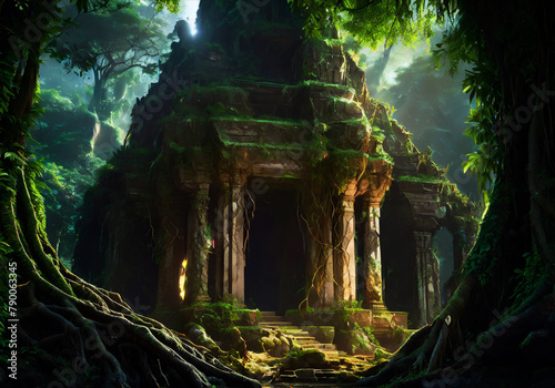 ruin of a temple in the middle of very lush tropical jungle realistic illustration