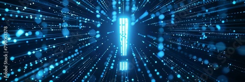 digital blue exclamation mark icon with glowing data streams, ai in alert systems, anomaly detection algorithms, emergency response coordination, and proactive risk management strategies.
