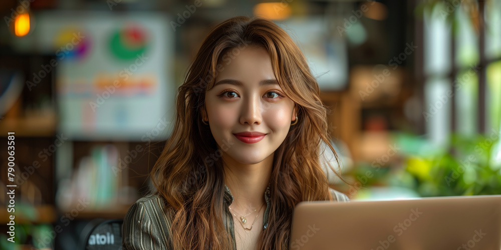 Asian woman sitting in front of laptop, working as a financial advisor banner 