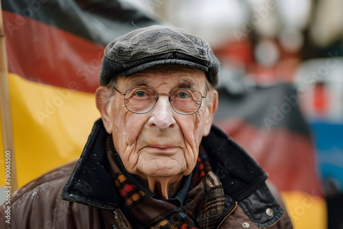 Portrait of an elder man with an german flag behind him