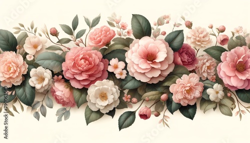 Watercolor Illustration of a Camellia Floral Border © monkik.