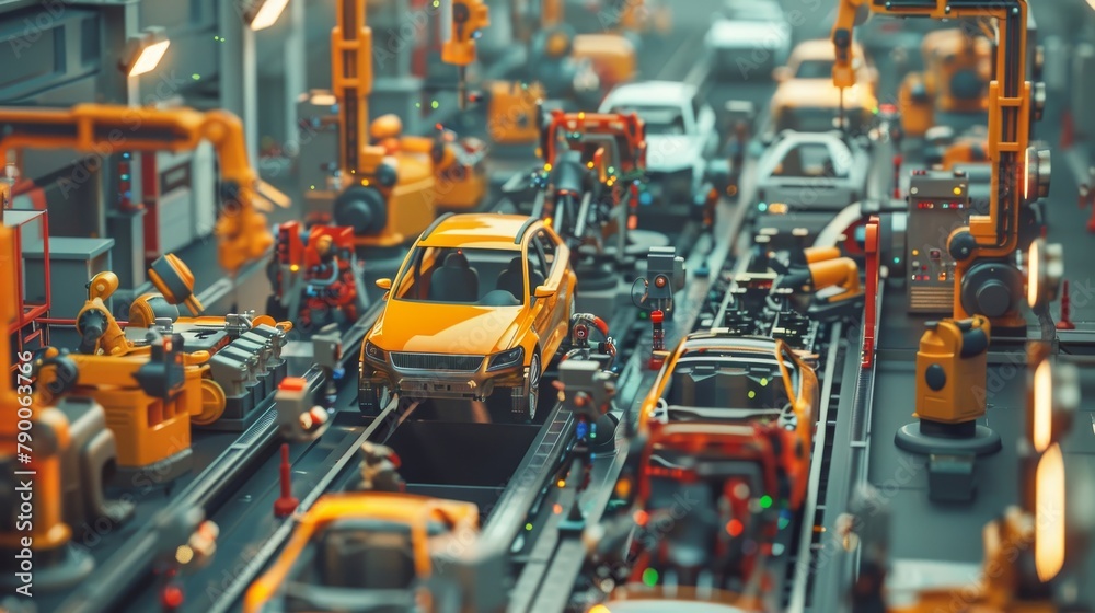 A sweeping view of a bustling automobile assembly line, capturing the precision and collaboration in vehicle manufacturing.
